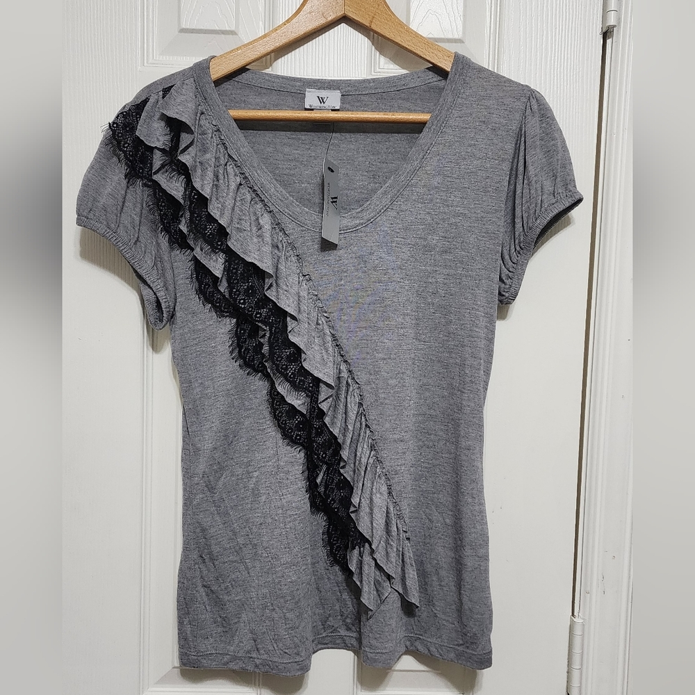Worthington Women's Size M Gray Short Sleeve Ruffled Blouse